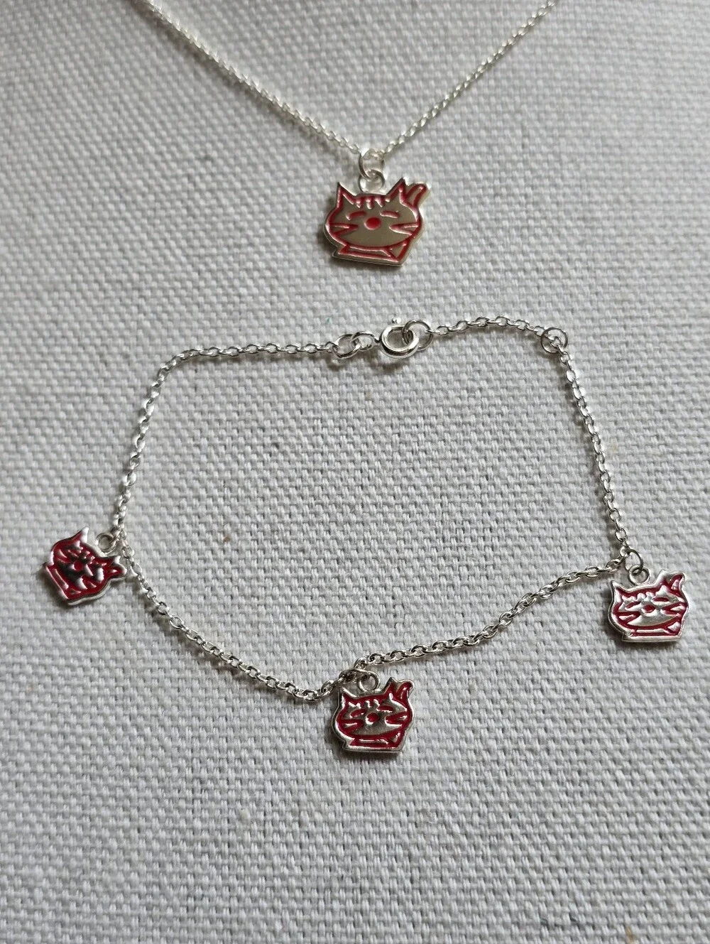 Sterling Cat Jewelry Set , Necklace, Bracelet Earrings